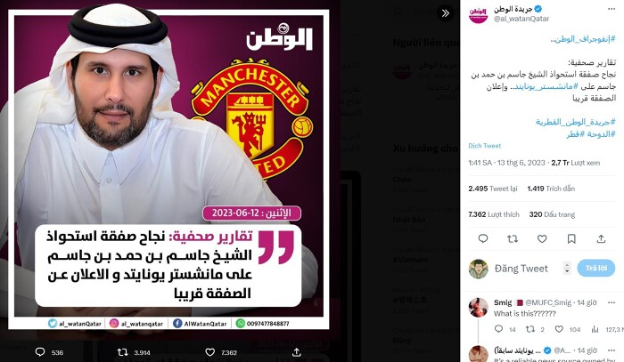 Cổ phiếu Man Utd tăng hơn 10% khi fan chờ đợi ông chủ Qatar